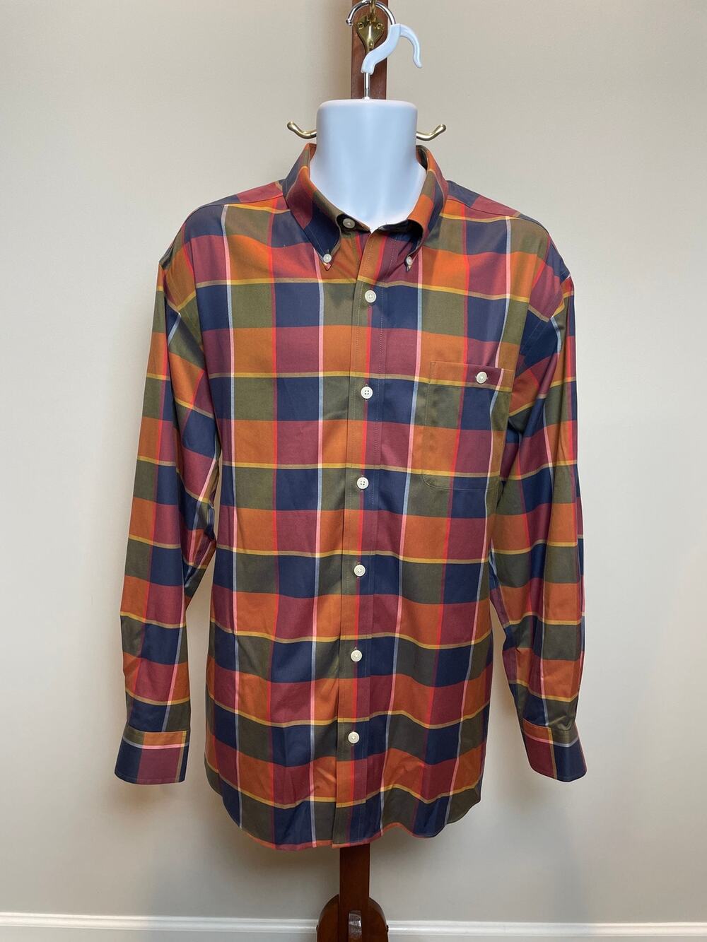 Orvis Cotton Orange Navy Plaid Button Down Shirt Size XL Outdoor Style